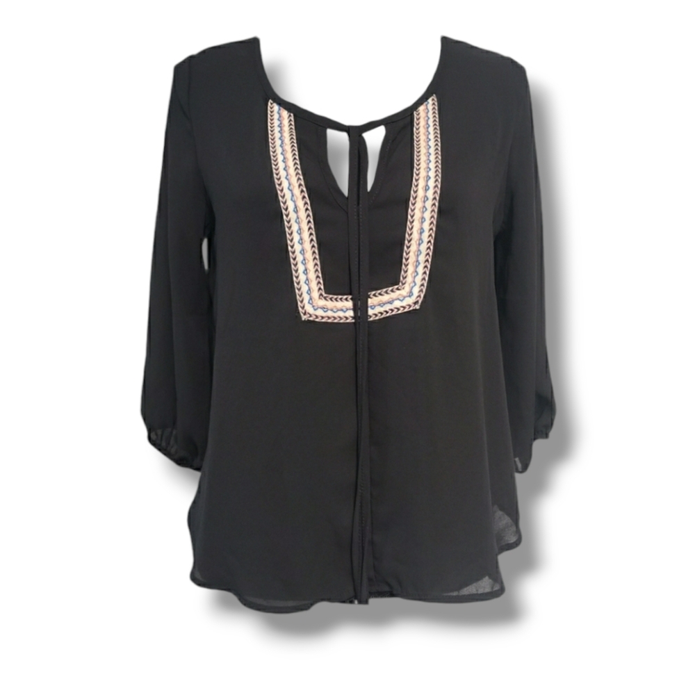 Vintage Boho Top Puff 2/3 Sleeve V-neck in Black